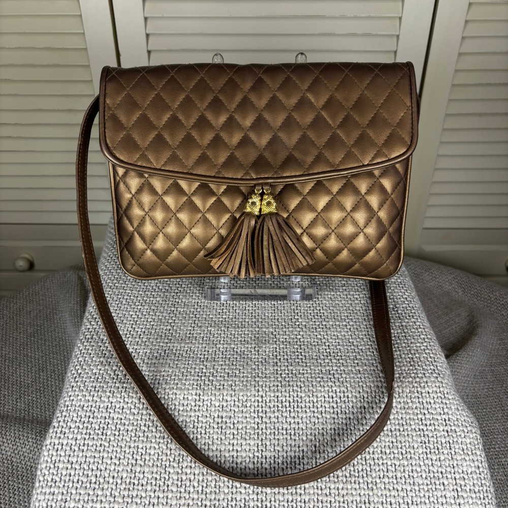 Vintage Jennifer Moore Bronze Quilted Crossbody Bag Tassel Detail Purse